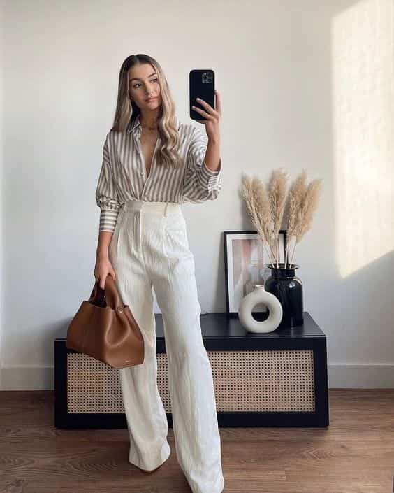  Ideia de look old money feminino com calça social branca e camisa listrada