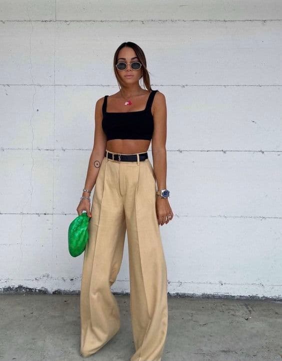 look com wide leg bege e cropped preto 