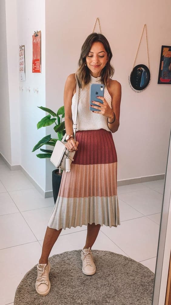 saia midi e regata para look para entrevista de emprego no calor 