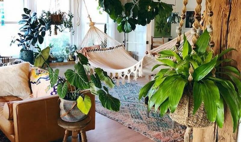 Urban jungle para casa decorada com sofá de couro e rede