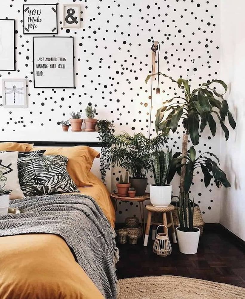 quarto decorado com urban jungle plantas e papel de parede de bolinhas