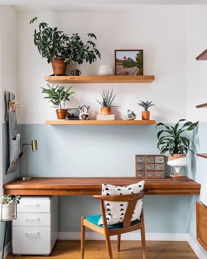 Decoracão para home office com meia parede pintada e vasos de plantas