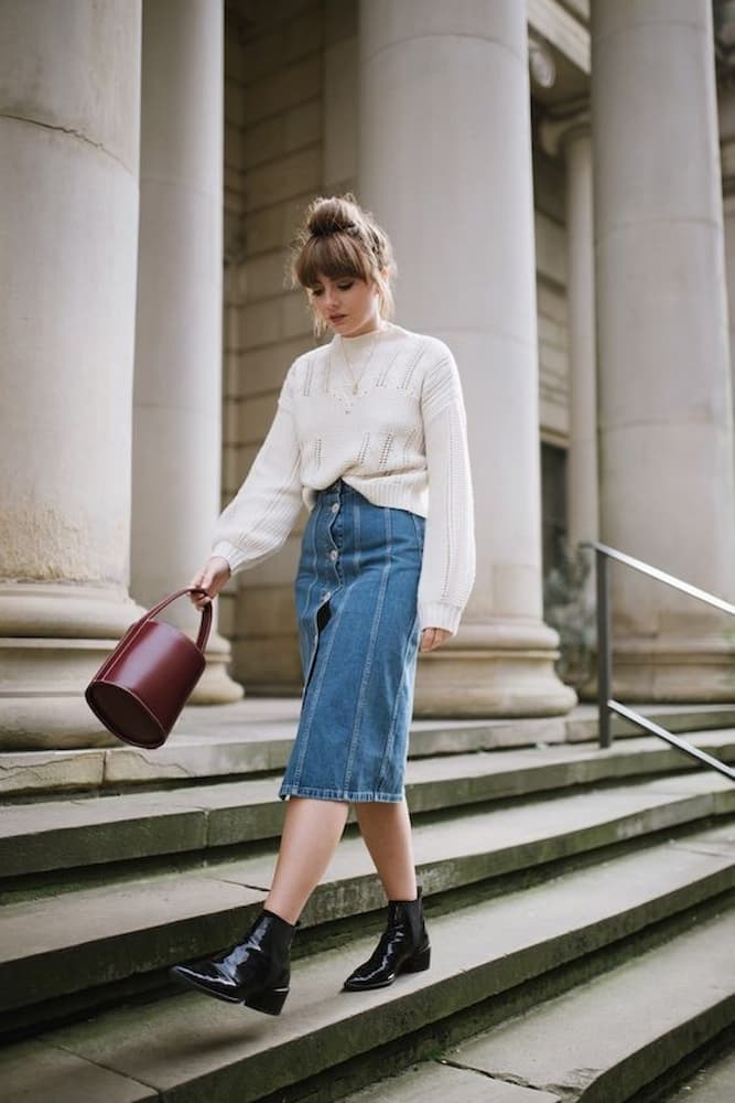 12 maneiras de usar saia midi jeans - Guita Moda