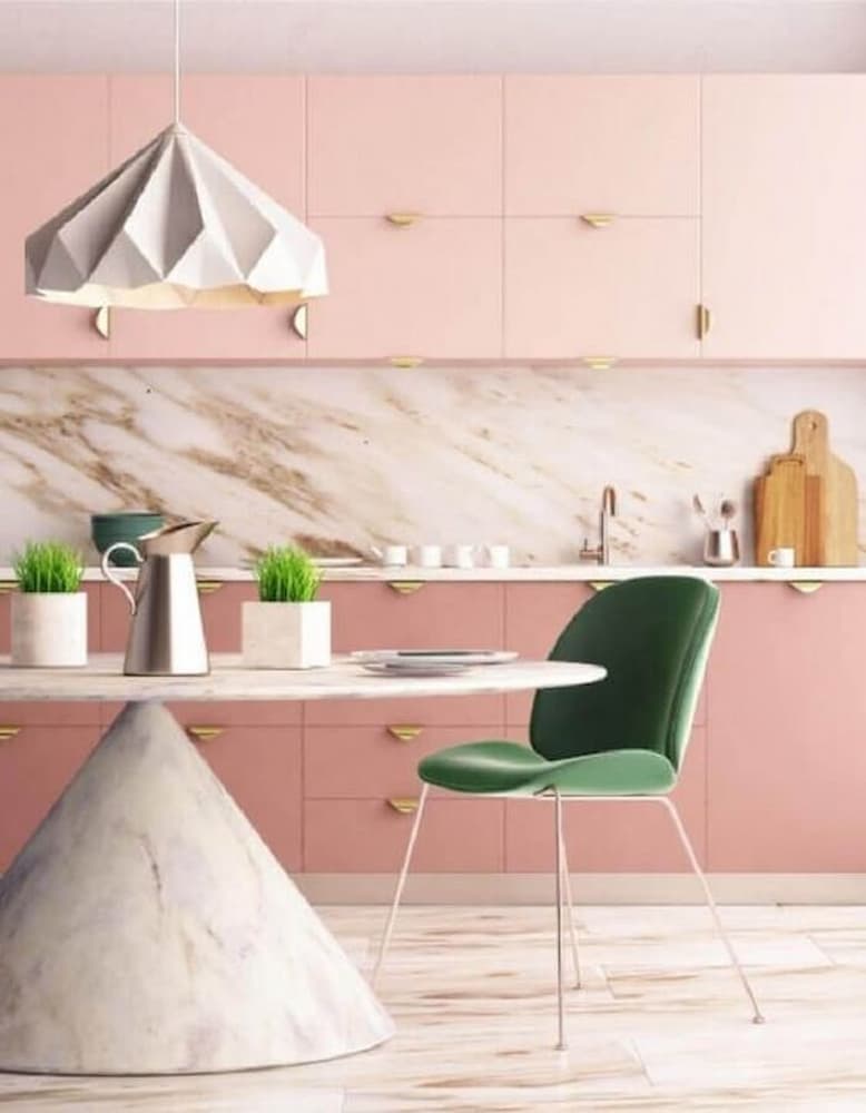 lustre moderno para decoração de cozinha rosa planejada